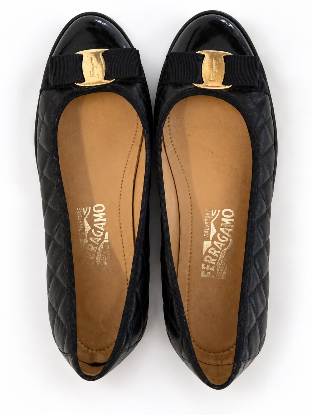 Salvatore Ferragamo Black Quilted Leather Bow Ballet Flats